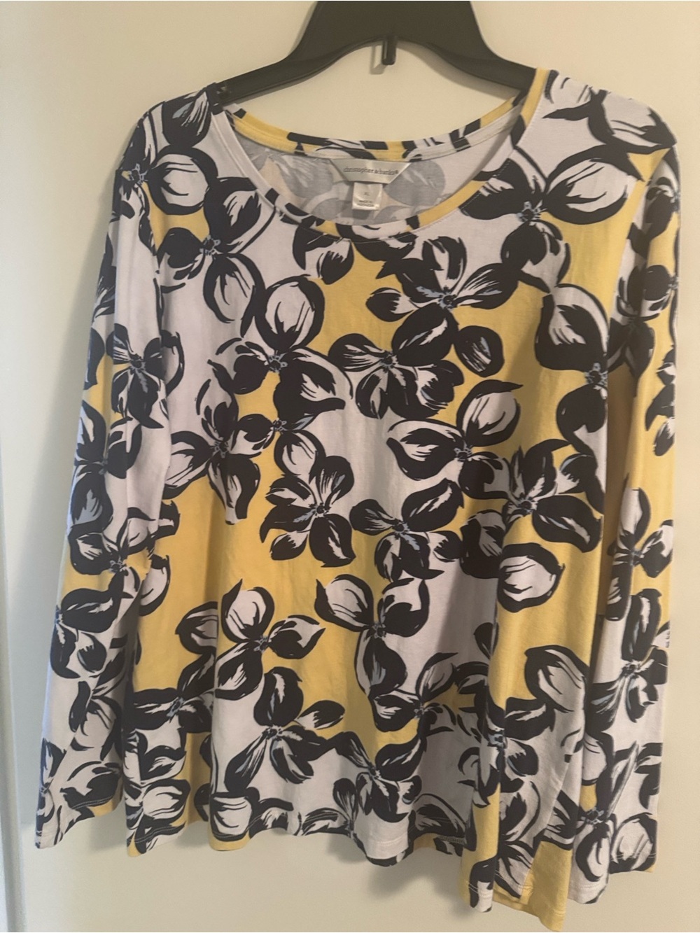 Christopher & Banks White Navy and Yellow Floral Long Sleeve Top
